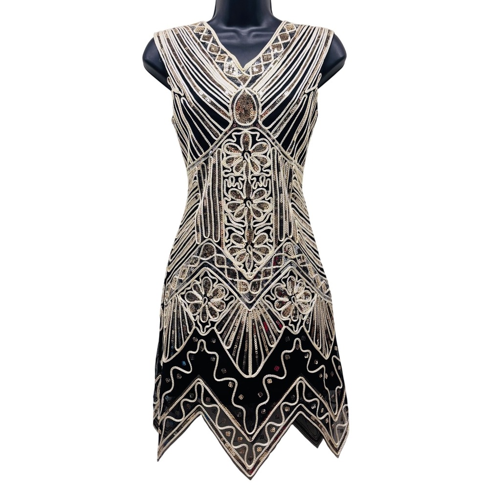 L'ATISTE by Amy Black Gold Sequin Art Deco Flapper Mini Dress Sharkbite Hem S